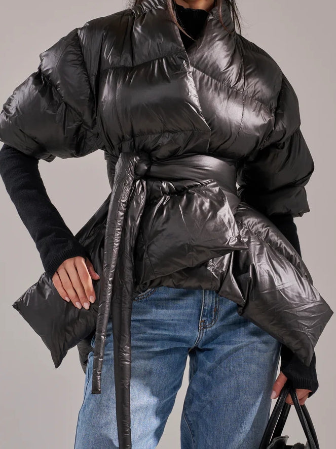 RIB SLEEVE PEPLUM PUFFER IN BURGUNDY