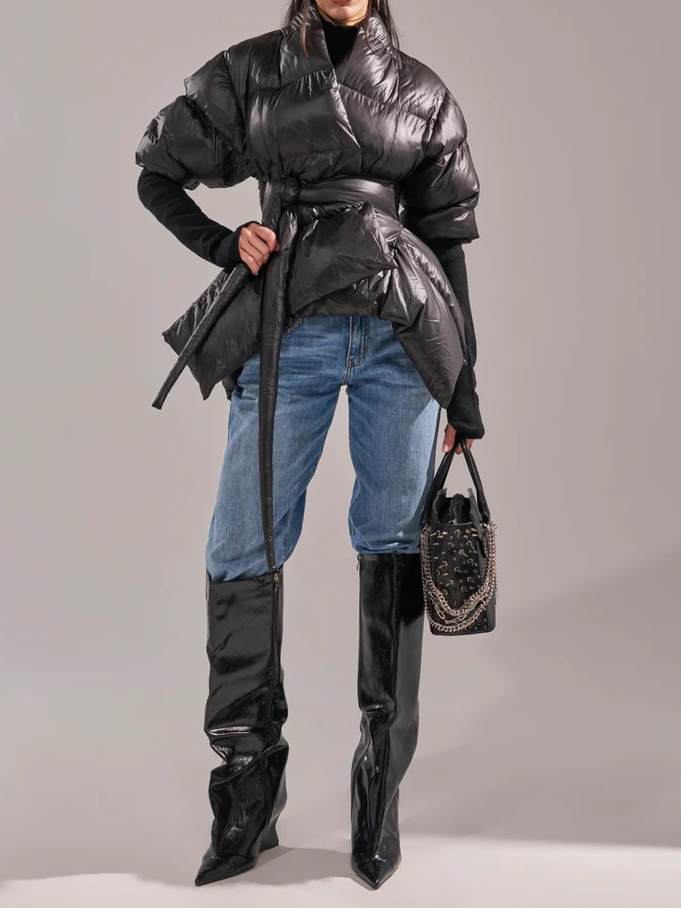 RIB SLEEVE PEPLUM PUFFER IN BURGUNDY