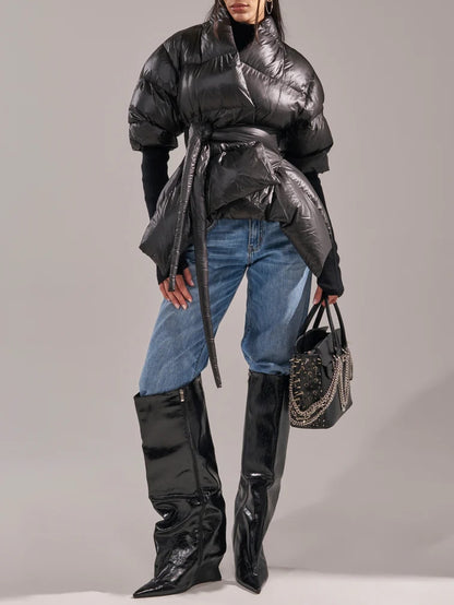 RIB SLEEVE PEPLUM PUFFER IN BURGUNDY