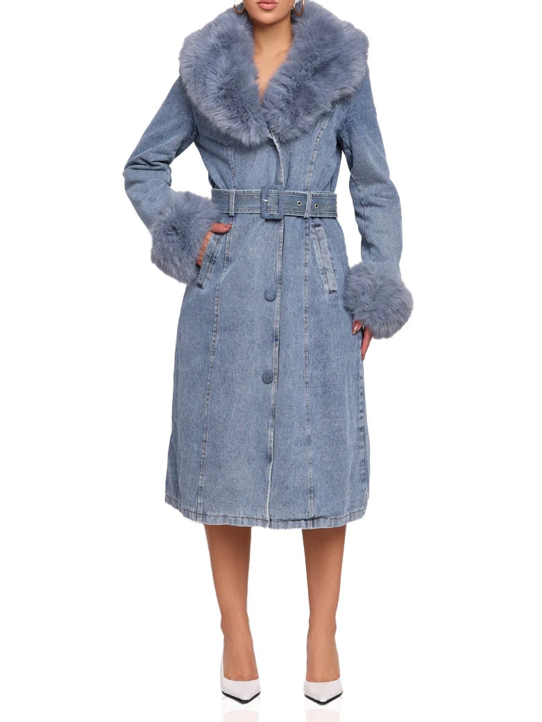 Denim Faux Fur Trim Coat