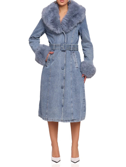 Denim Faux Fur Trim Coat