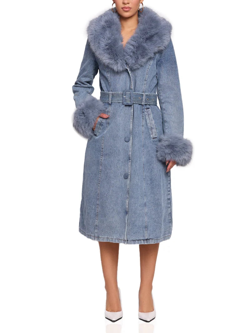 Denim Faux Fur Trim Coat