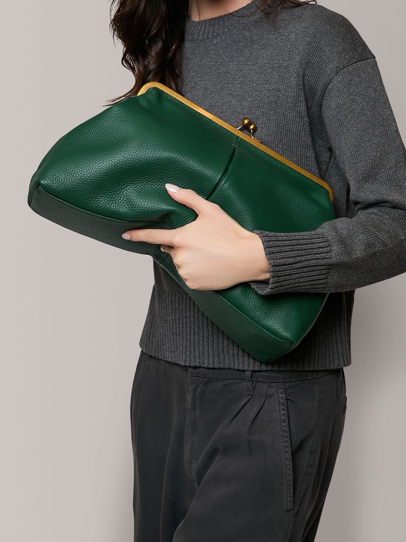Leather Kiss Lock Clutch