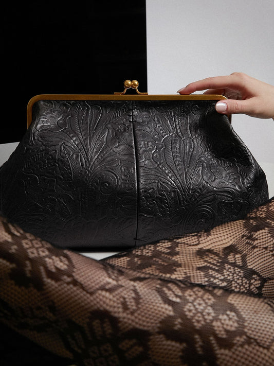 Leather Kiss Lock Clutch