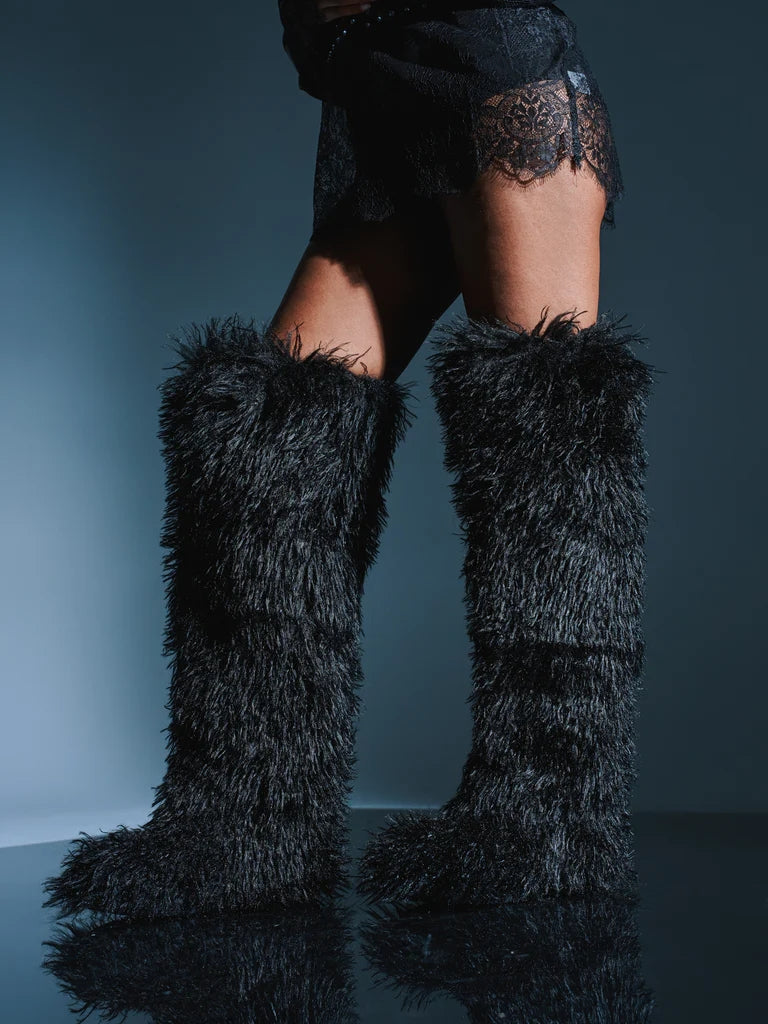 BLACK POODLE FAUX FUR OVER THE KNEE BOOT
