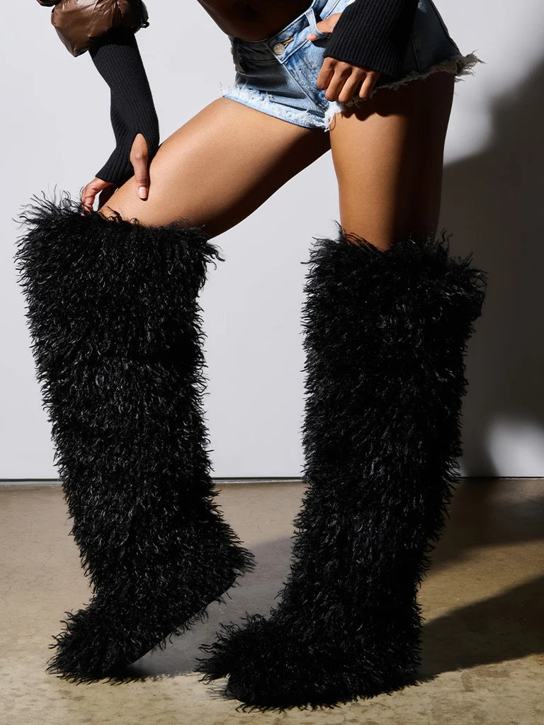 BLACK POODLE FAUX FUR OVER THE KNEE BOOT