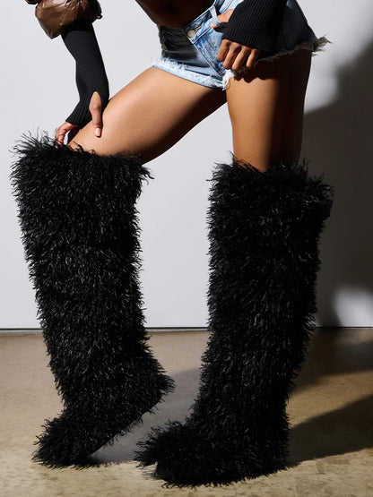 BLACK POODLE FAUX FUR OVER THE KNEE BOOT