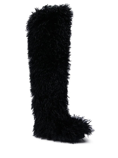 BLACK POODLE FAUX FUR OVER THE KNEE BOOT