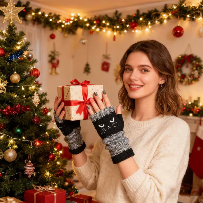 Cute Women's Knitted Cat Gloves - For Warm Hands & Free Fingers