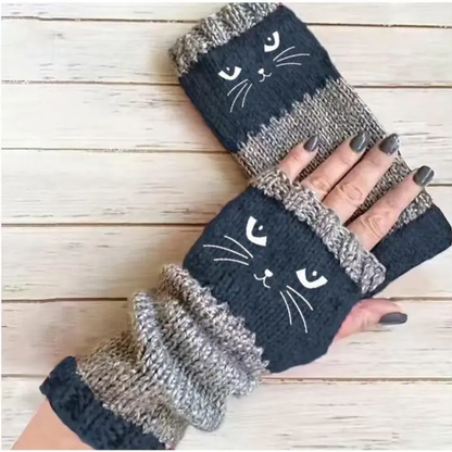 Cute Women's Knitted Cat Gloves - For Warm Hands & Free Fingers