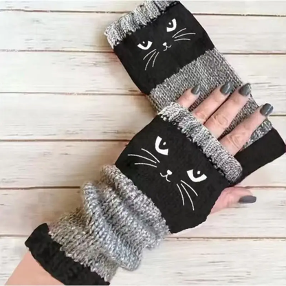 Cute Women's Knitted Cat Gloves - For Warm Hands & Free Fingers