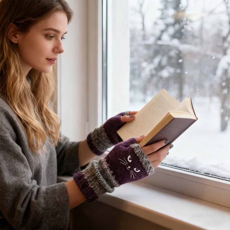 Cute Women's Knitted Cat Gloves - For Warm Hands & Free Fingers