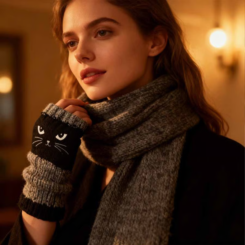Cute Women's Knitted Cat Gloves - For Warm Hands & Free Fingers