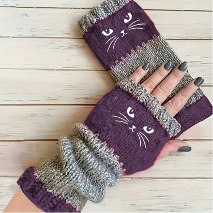 Cute Women's Knitted Cat Gloves - For Warm Hands & Free Fingers