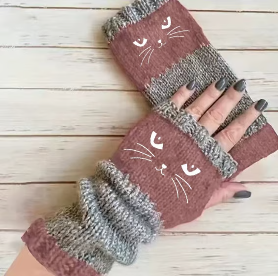 Cute Women's Knitted Cat Gloves - For Warm Hands & Free Fingers
