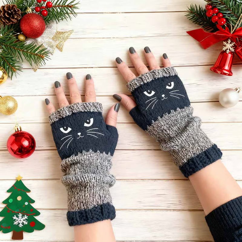 Cute Women's Knitted Cat Gloves - For Warm Hands & Free Fingers