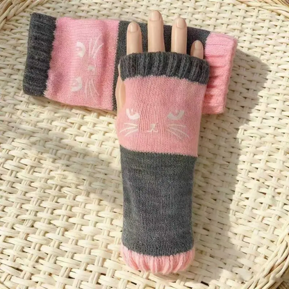 Cute Women's Knitted Cat Gloves - For Warm Hands & Free Fingers