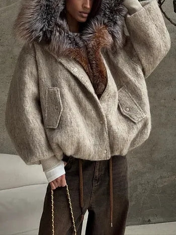 Beige Faux Fur Trim Hooded Jacket