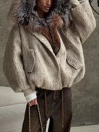 Beige Faux Fur Trim Hooded Jacket