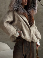 Beige Faux Fur Trim Hooded Jacket