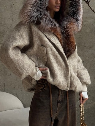 Beige Faux Fur Trim Hooded Jacket