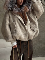 Beige Faux Fur Trim Hooded Jacket