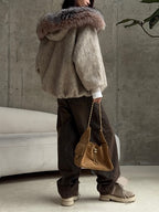 Beige Faux Fur Trim Hooded Jacket