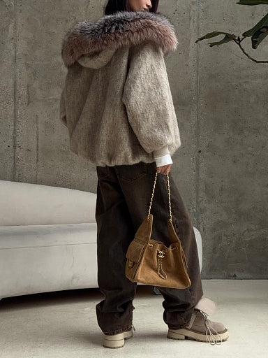 Beige Faux Fur Trim Hooded Jacket