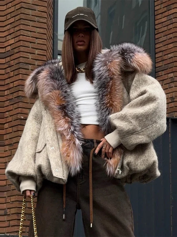 Beige Faux Fur Trim Hooded Jacket