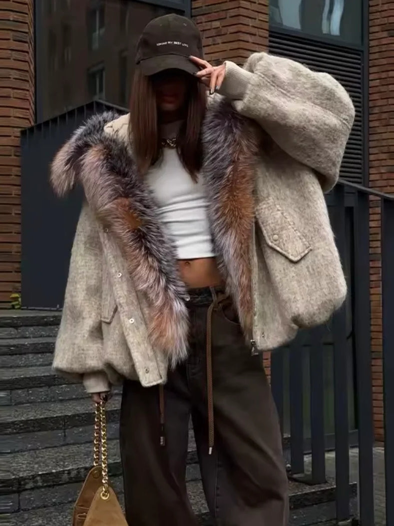 Beige Faux Fur Trim Hooded Jacket