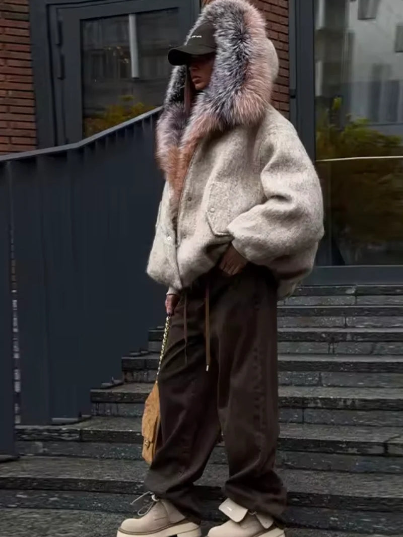 Beige Faux Fur Trim Hooded Jacket