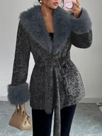 Ladies' Winter Lace Up Leopard Print Faux Fur Coat