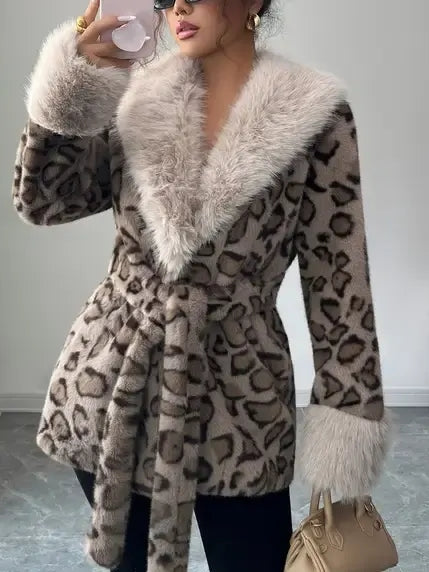 Ladies' Winter Lace Up Leopard Print Faux Fur Coat