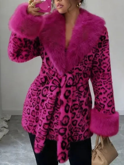 Ladies' Winter Lace Up Leopard Print Faux Fur Coat
