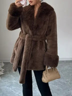 Ladies' Winter Lace Up Leopard Print Faux Fur Coat