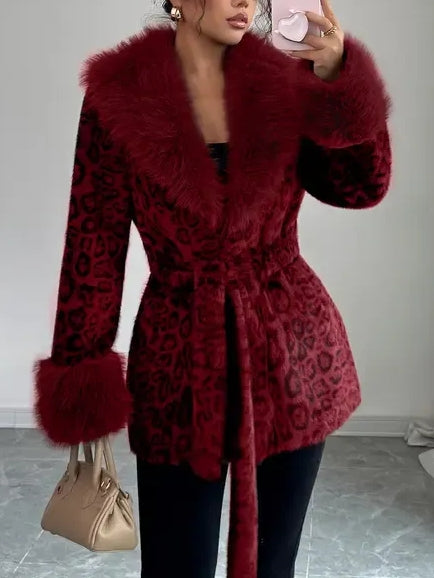 Ladies' Winter Lace Up Leopard Print Faux Fur Coat