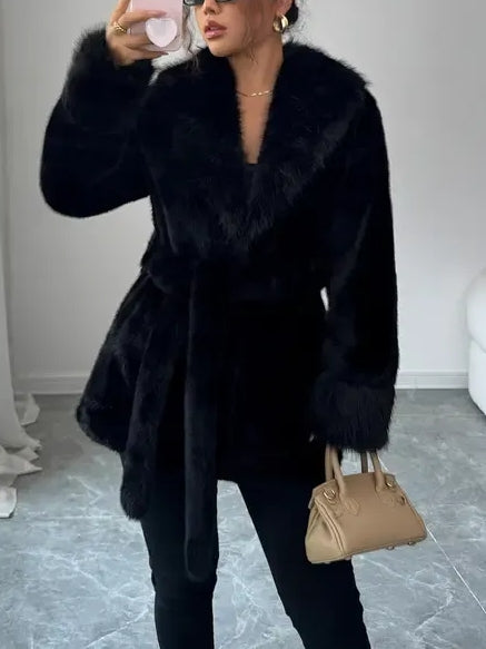 Ladies' Winter Lace Up Leopard Print Faux Fur Coat