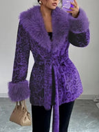 Ladies' Winter Lace Up Leopard Print Faux Fur Coat