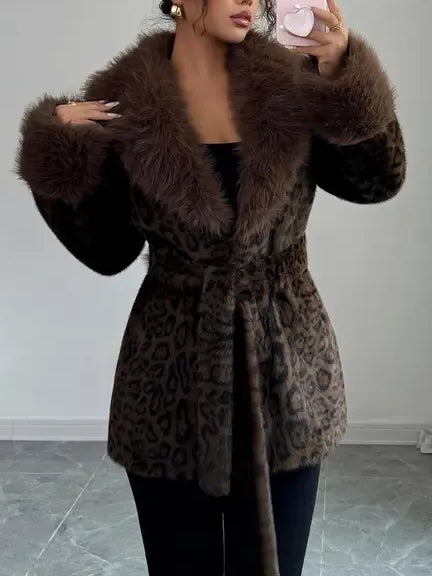 Ladies' Winter Lace Up Leopard Print Faux Fur Coat