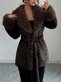 Ladies' Winter Lace Up Leopard Print Faux Fur Coat