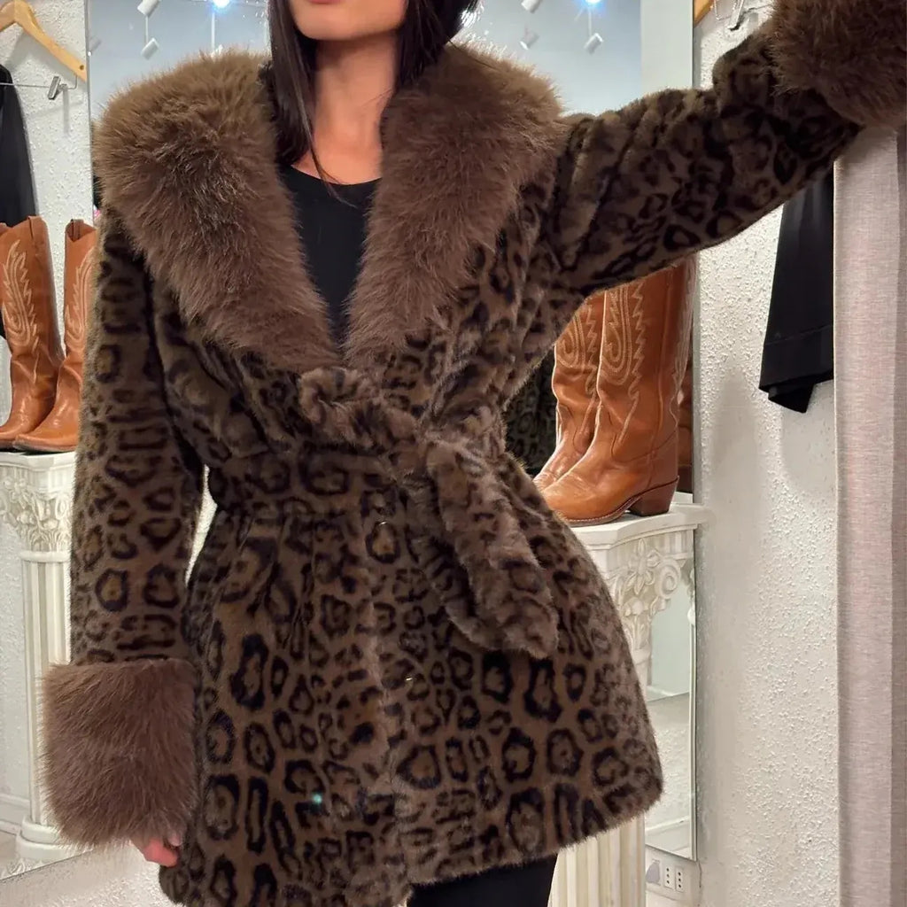 Ladies' Winter Lace Up Leopard Print Faux Fur Coat