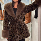 Ladies' Winter Lace Up Leopard Print Faux Fur Coat