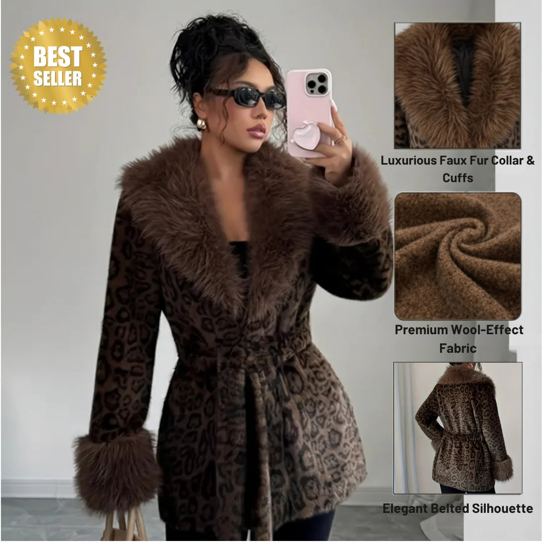 Ladies' Winter Lace Up Leopard Print Faux Fur Coat