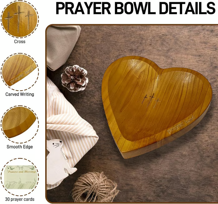 Wooden Heart Shaped Prayer Bowl With 24 Prayer Cards