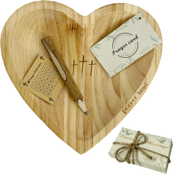 Wooden Heart Shaped Prayer Bowl With 24 Prayer Cards