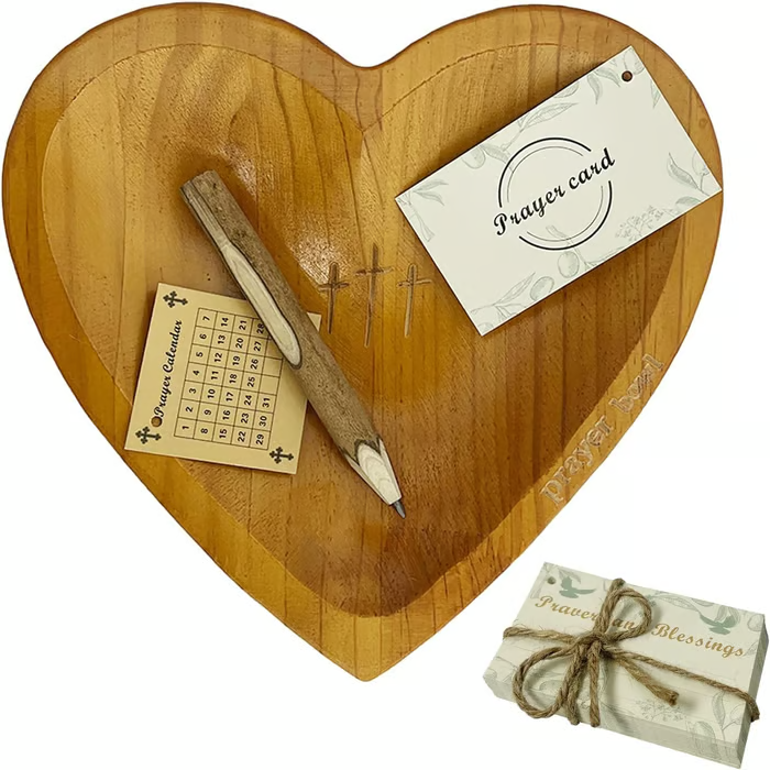 Wooden Heart Shaped Prayer Bowl With 24 Prayer Cards