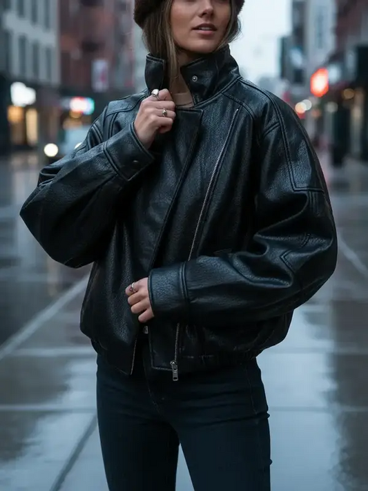 Stand Collar Oversized Moto Biker Jacket