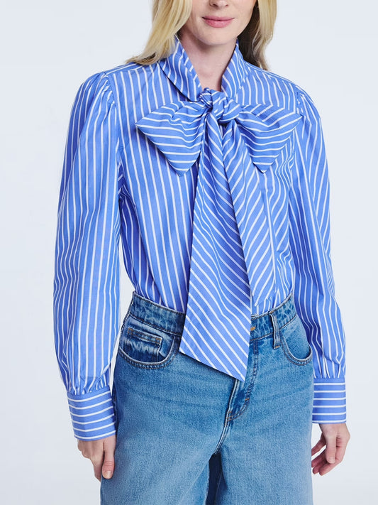 Women's Cotton Tie Neck Blouse With Long Puff Sleeves