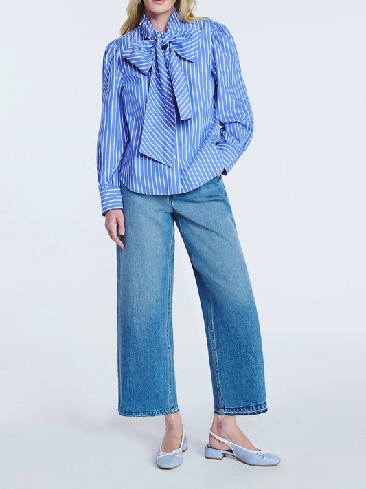 Women's Cotton Tie Neck Blouse With Long Puff Sleeves