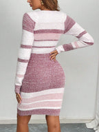 Elegant Faux Fur Striped Colorblock Knit Sweater Dress